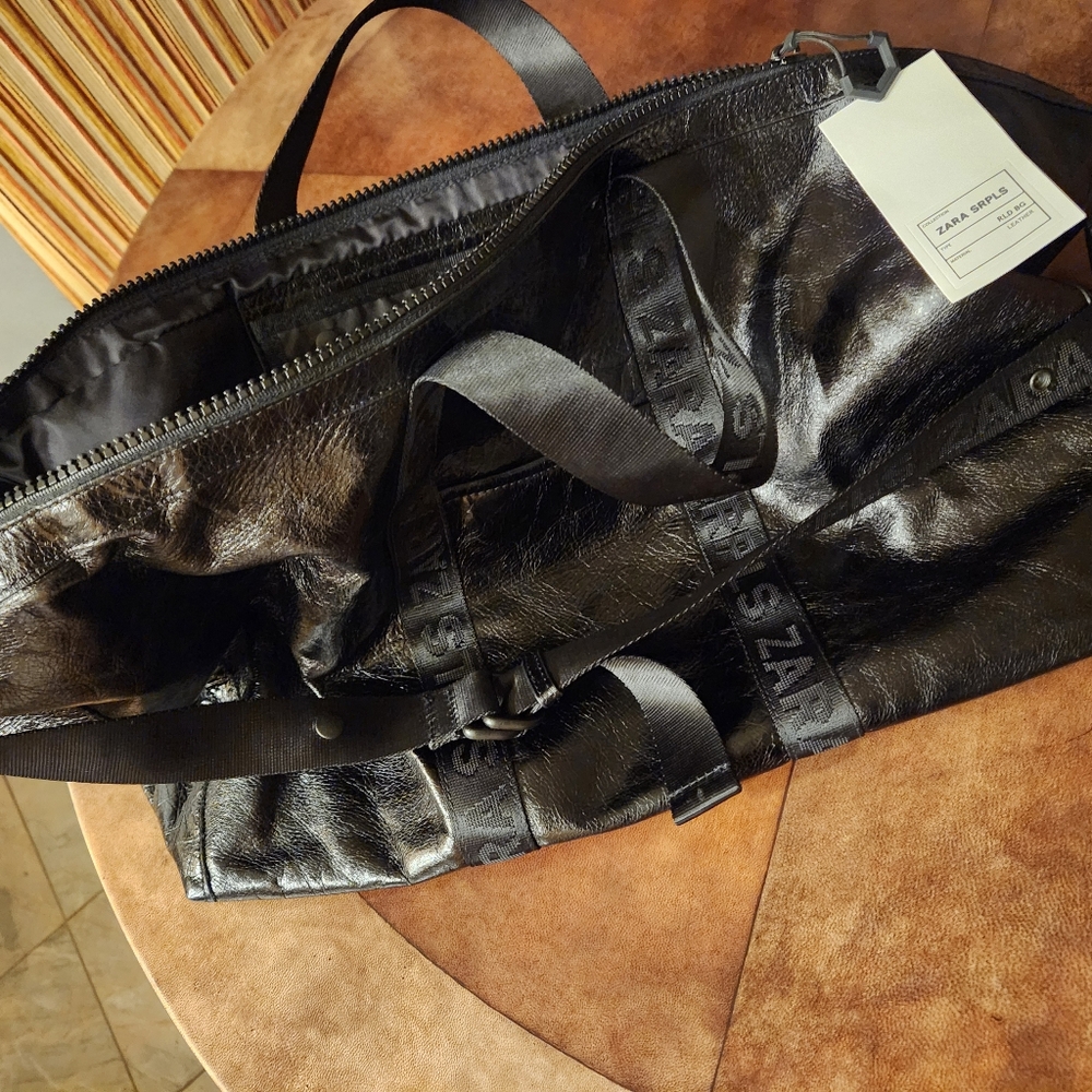ZARA SRPLS Black Leather Large Tote Travel Weekend Bag